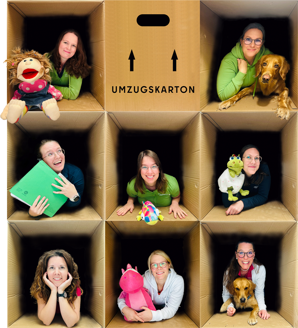 Bild alle Mitarbeiterinnen einzeln aus einem Karton herausguckend